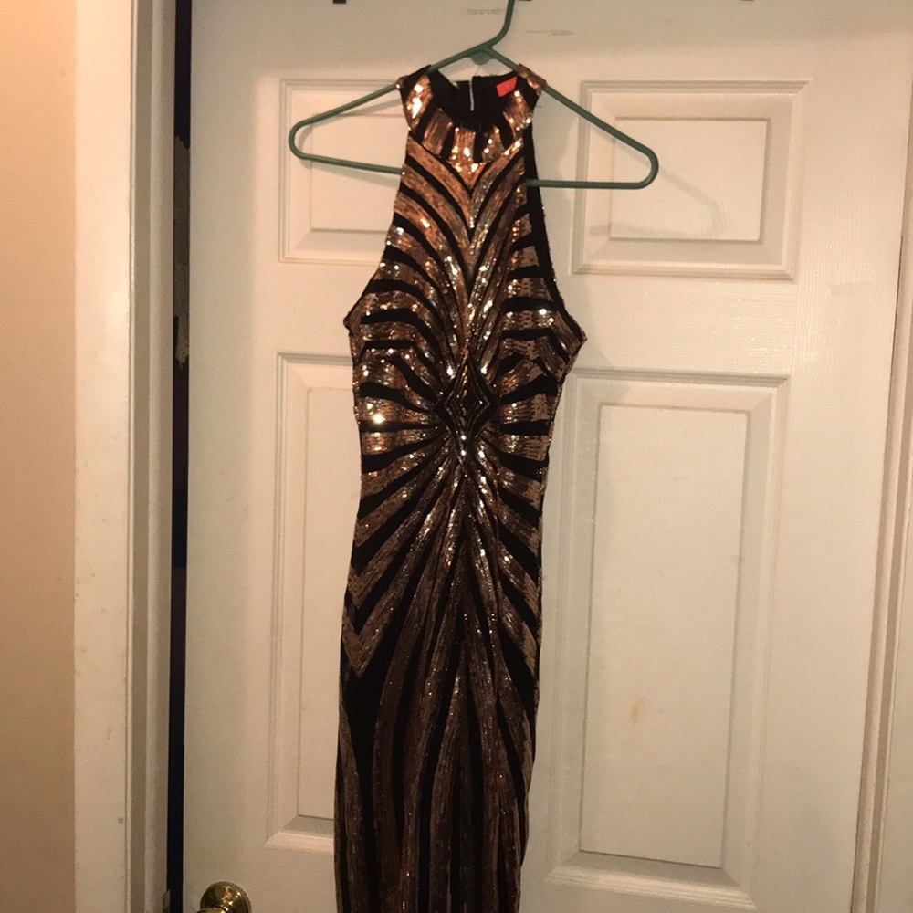 Black dress with gold sequins high neck midi dress